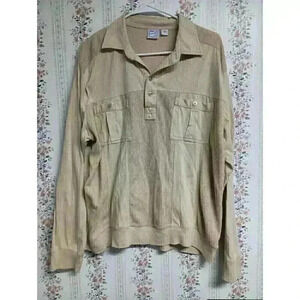 Vintage Haband Casual Joe Long Sleeve Polo Shirt Mens L Grandpa Dad Beige